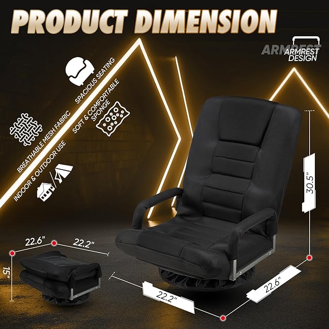 Swivel Gaming Chair 360 Degree Multipurpose Floor Chair w/Armrest & 6 Adjustable Postions Backrest for Adults & Kids, for Reading, Gaming, Watching, Relaxing, Black
