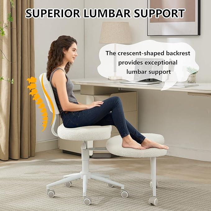 Meditation Chair with Lumbar Support,360° Swivel Cross Legged Chair with Wheels, Ergonomic Cross Legged Office Chair for Adults with ADHD, Height-Adjustable Yoga Chair, Teddy Fabric, Ivory