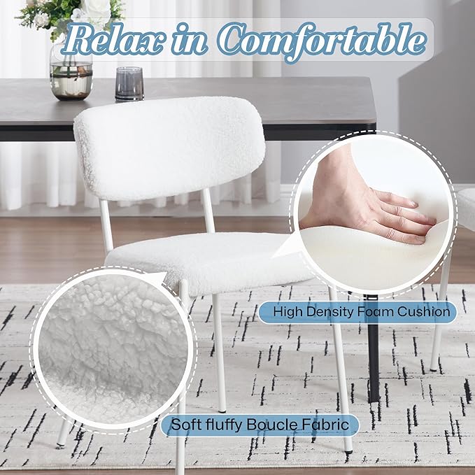 KCC Boucle Dining Chairs Set of 4, Modern Mid-Century Upholstered Stylish Kitchen Chairs Sherpa Accent Diner Chairs with Metal Legs and Curved Back for Kitchen, Dining Room(White)