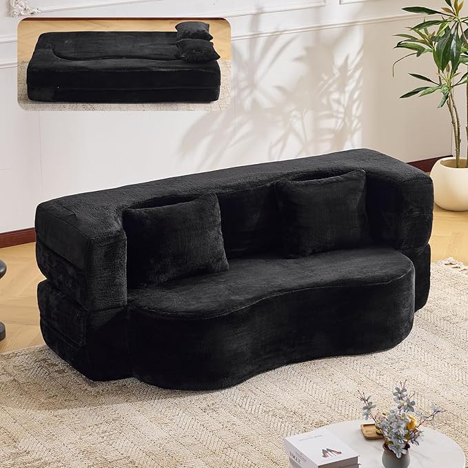 Orynveela Convertible Folding Sofa Bed, 71” Single Size Floor Sleeper Couch, Chenille Full Foam Futon Loveseat for Living Room Bedroom, No Assembly Required (Black)