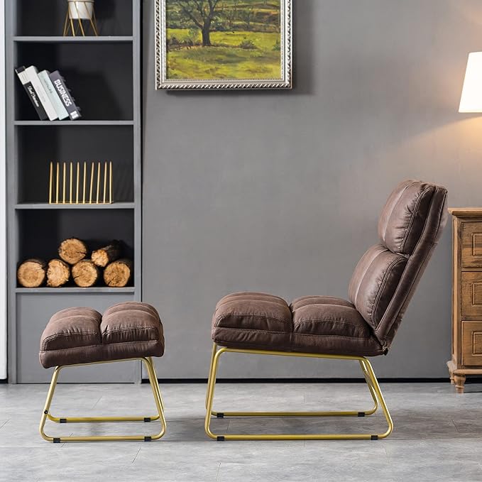 MCombo Accent Chair with Ottoman Set, Modern Armless Chair for Living Room, Bedroom, Small Space 4013 (Heat-Stamped Fabric, Dark Brown)