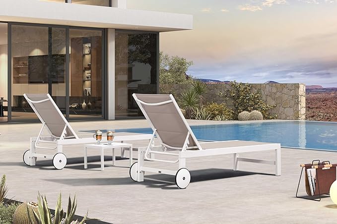PURPLE LEAF Outdoor Chaise Lounge Set Elderly-Friendly Straight Legs Adjustable Sunbathing Recliner with Side Table for Back Support Poolside Beach Patio Lounge Chairs Khaki