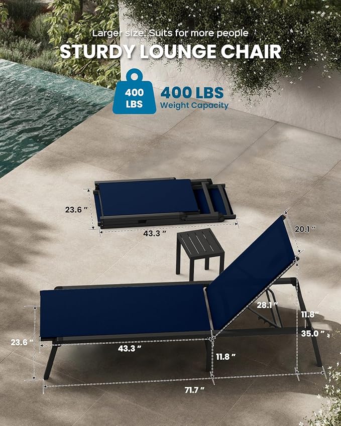 Pool Lounge Chairs Set of 2, Foldable Aluminum Chaise Lounge Outdoor with 5 Positions Recliner - Free Assembly - Patio Chaise Lounge Chair for Poolside, Beach, Yard (Navyblue, 2 Pack)