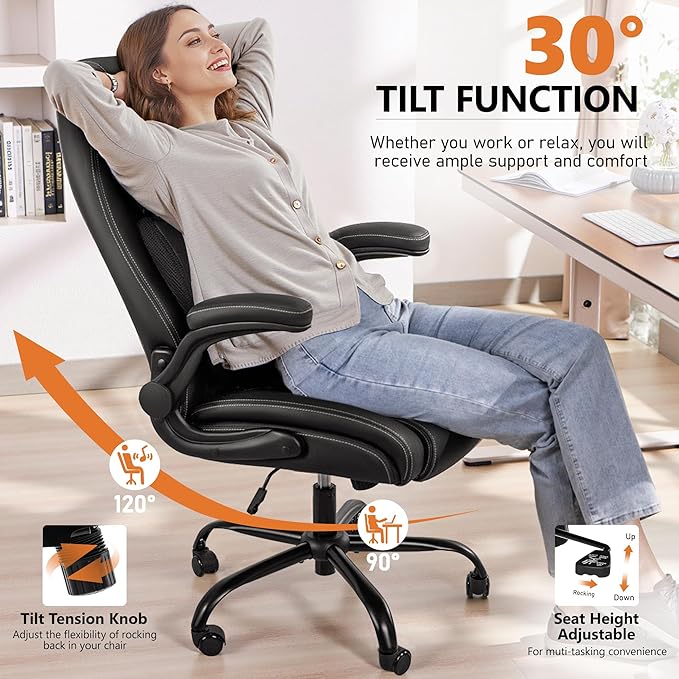 BESTFAIR Office Chair,Ergonomic Office Chair with Lumbar Support for Lower Back Pain Relief, Executive Leather Chair with Padded Flip-up Arms, Wheels and Adjustable Armrests, Black Pack of 6