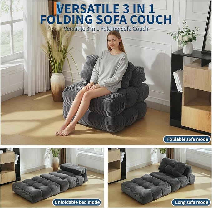 Garvee Folding Sofa Bed, Convertible Sleeper Chair with Pillow Foldable Mattress with Back Support, Boneless Fold Out Chair Bed Comfy Floor Sofa Lounge for Living Room, Bedroom, Dark Gray, Single
