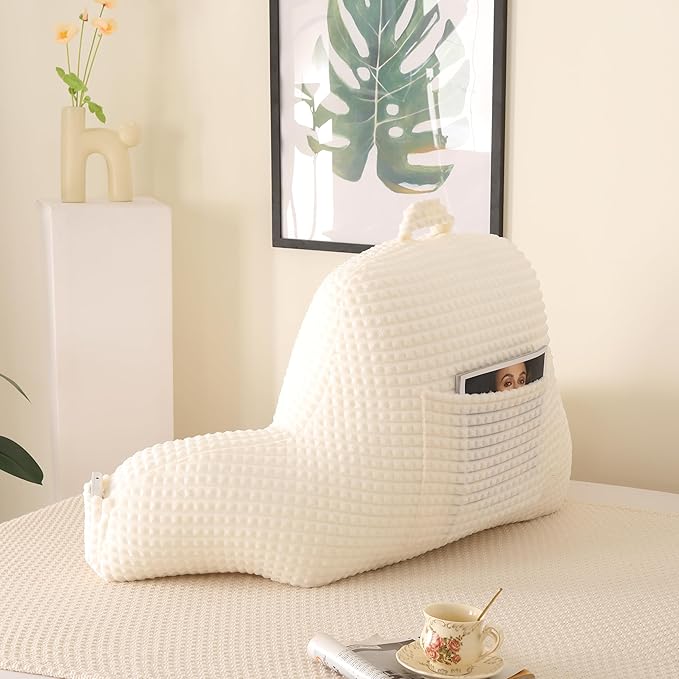 PAJEO Reading Pillow for Sitting in Bed, Large Backrest Reading Pillow with Arm Rest,Back-Rest Support Cushion for Sit Up on Couch, Sofa, and Floor, Dorm Essentials (Cream Flannel, Large(19"))