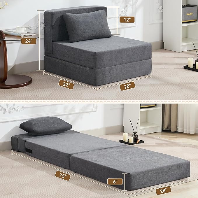 Folding Sofa Bed Convertible Floor Couch Foldable Chair Bed with Pillow，Linen Sleeper Chair Futon,Foldable Memory Foam Mattress for Bedroom/Living Room/Dorm/Office (Dark Grey, Single)