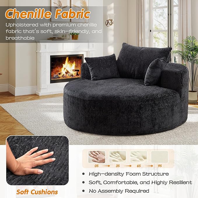 55"W Oversized Round Chair Lounge Chaise Indoor, Upholstered Comfy Circle Sofa Armchair, Modern Cozy Boneless Foam Floor Reading Chair for Living Room, Bedroom, No Assembly Required(Chenille, Black)