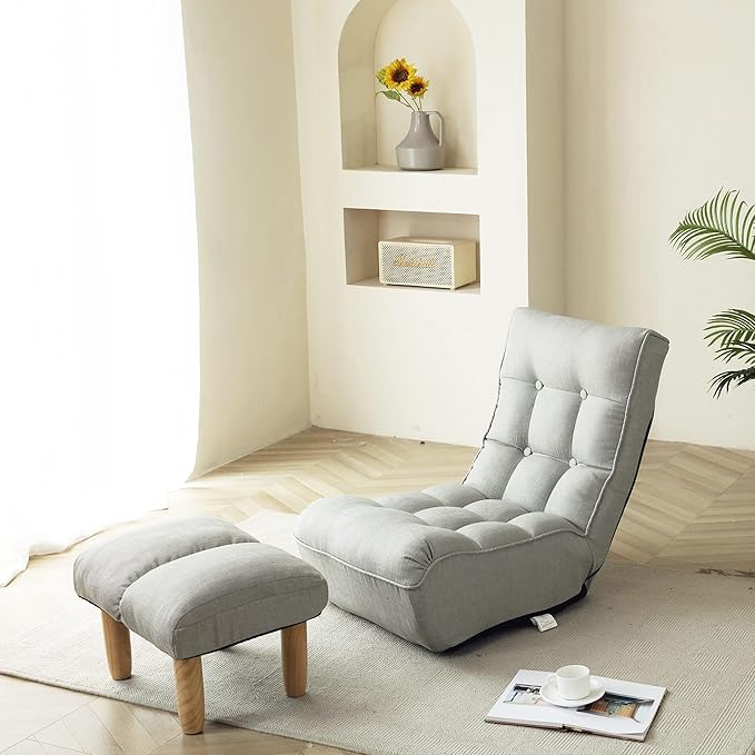 Floor Chair Single Lazy Sofa Leisure Balcony Reclining Japanese Tatami Adjustable Recliner with Ottoman for Living Room, Bedroom, Indoor Use (Footstool, Cement Grey)