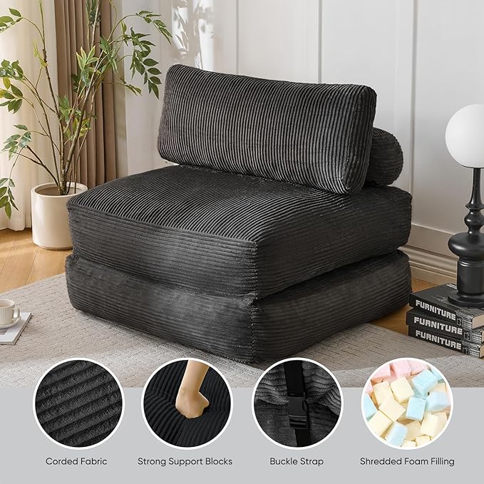 Waxberry Folding Sofa Bed, Convertible Sleeper Chair Couch Bed, Corduroy Upholstered Boneless Sofa for Living Room Bedroom, with Back Support Floor Couch, Black