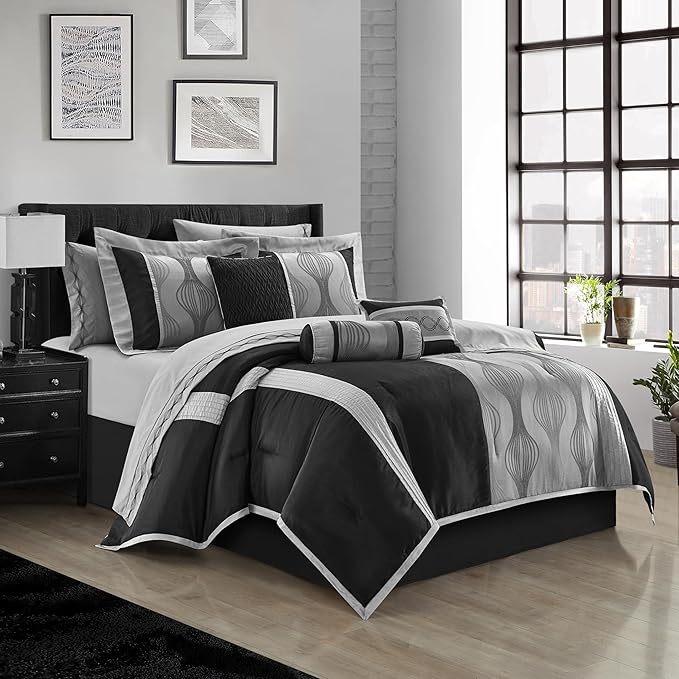 Grand Avenue Elegant Black and Silver Comforter Set Queen Size, Striped,15 Piece Room-in-A-Bag, Jacquard Bedding Set, All Season, Matching Decorative Pillows, Pillow Sham, Curtains