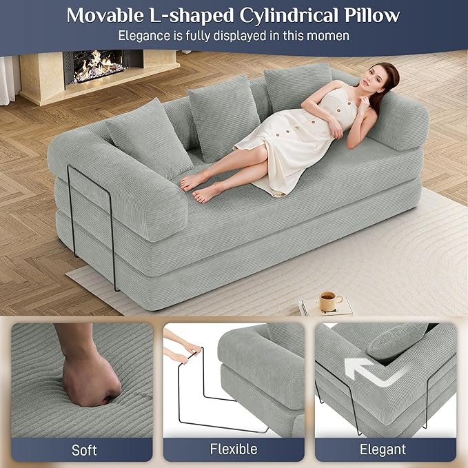 DAMAIFROM Convertible Sleeper Sofa Bed with Pillow, 4-in-1 Corduroy Folding Mattress Couch with Fixed-Shape Frame, Futon Fold Out Floor Sofa Cama Lounge Couch for Living Room Bedroom, Light Grey