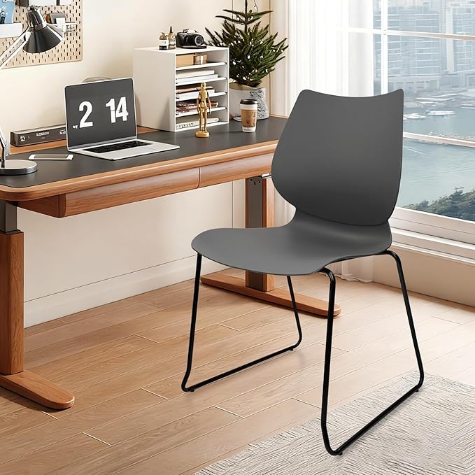 Stacking Waiting Room Chairs, Stacked Plastic Office Chair with Ergonomic Lumbar Support and Metal Legs for Conference School Church Guest Reception Set of 8, Grey