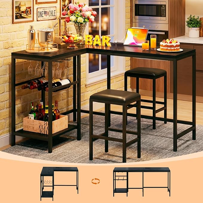 Bar Table and Chairs Set for 2-4, 3-Piece Convertible L-Shaped Dining Set with Storage Shelves & Cup Holder & Wine Rack, 63'' Corner Kitchen Table Set with 2 PU Cushion Stools & Power Outlets, Black