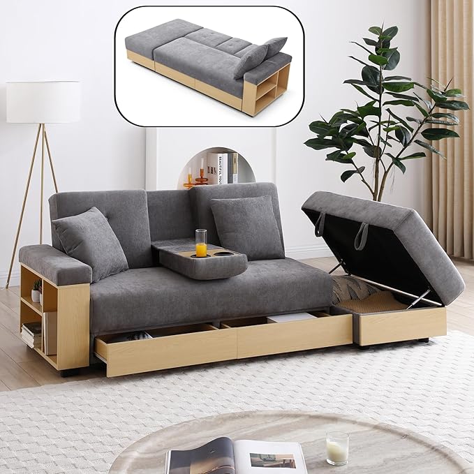 Roockky Convertible Sofa Bed, 85" Folding Sectional Sleeper Sofa with Storage Ottoman, Drawers, Built-in Bookshelves and 2 Cup Holders, Linen (Gray)