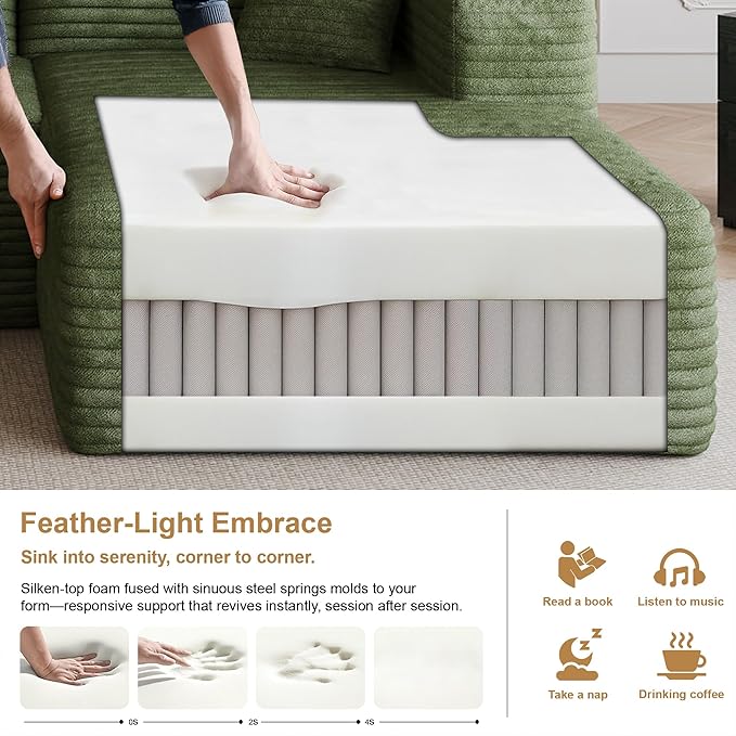 AUGOP 96" Sectional Couches for Living Room Modern Modular Sofa with L-Shape Couchs Upholstered Boneless Couch Deep Seat Sectional Couch with Chaise (Green, 96" Right Facing Chaise+2Seaters)