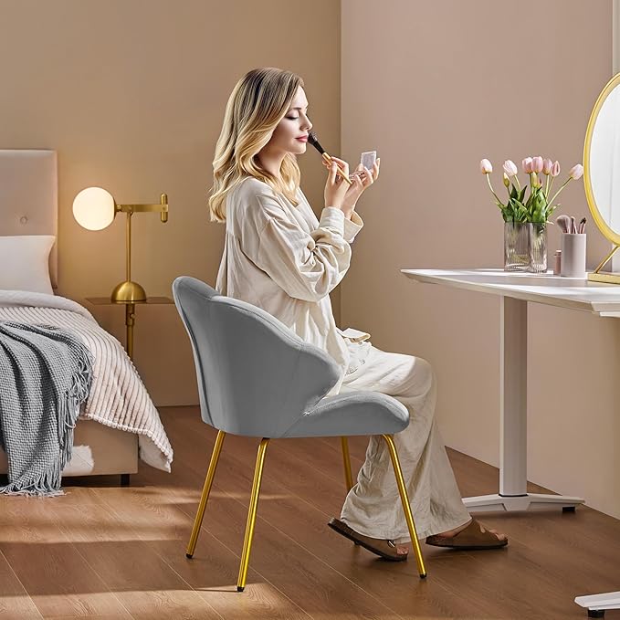 Yaheetech Vanity Chair, Velvet Accent Chair with Shell-Shaped Backrest, Modern Armchair with Gold Metal Legs for Dressing Room/Bedroom/Living Room, Light Gray