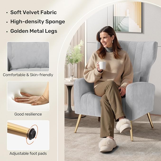 Nalupatio Modern Accent Chairs for Set of 2 Upholstered Velvet Fabric Reading Chair Mid Century Arm Chair Comfy Armchair for Living Room,Light Gray
