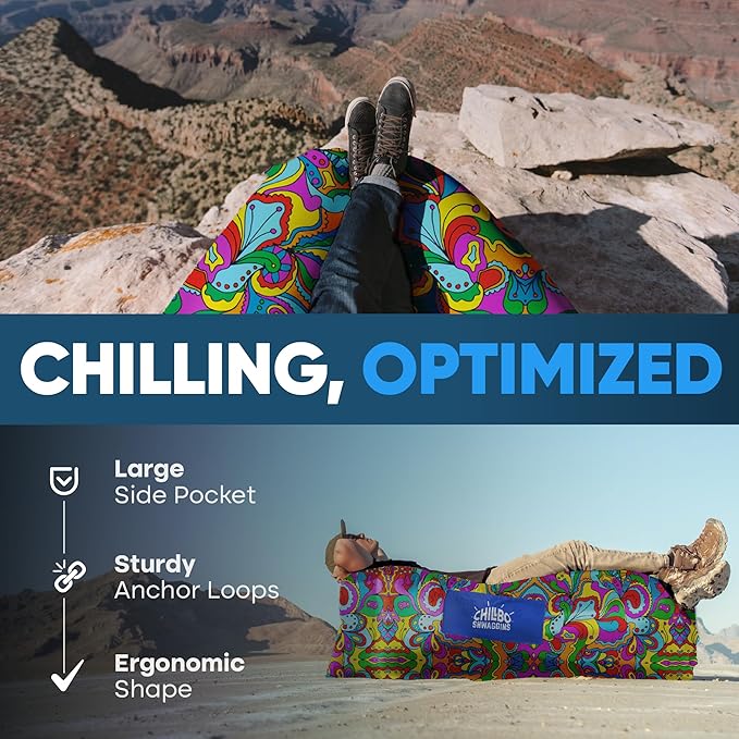 Chillbo Shwaggins Inflatable Couch – No-Pump Setup, Ripstop Polyester, Stability Pegs, Fun Prints, Portable Air Lounger for Beach, Camping, Festivals, and Tailgating - 60s Psychedelic