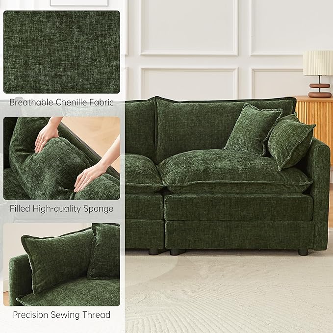 saows Modular Sectional Sofa, 112.2 Inch Rectangle Shaped Couch Set with Armrests, 3-Seater Comfy Cloud Couches for Living Room Apartment, Green