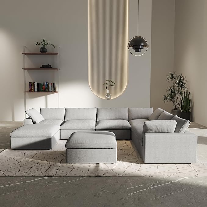 8 Seater Cloud Sectional Couch, Oversize Modular Sofa, Modern Comfy Cloud Sofa with Storage Ottomans, Covers Removable, Convertible Sleeper Couch for Living Room Apartment (Light Grey, Linen Fabric)
