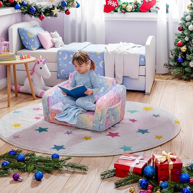 Lamerge 2-in-1 Soft Toddler Couch Fold Out,Foldable Toddler Chair, Glow in The Dark Kids Sofa for playroom,Convertible Foam and Floor Cushion for Boys and Girls (Rainbow and Unicorn)