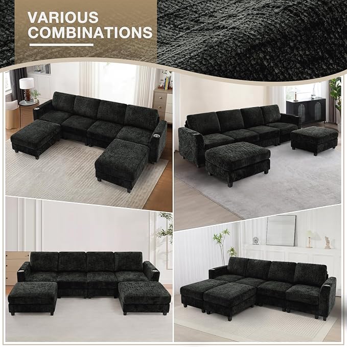 Lesofair 110" Chenille U-Shape Sofa with Flexible Ottomans, Comfy Sectional Sofa with 2 Built-in Cup Holders, Convertible 4 Seats Couch with Well-Filled Back Cushions for Living Room, House, Black
