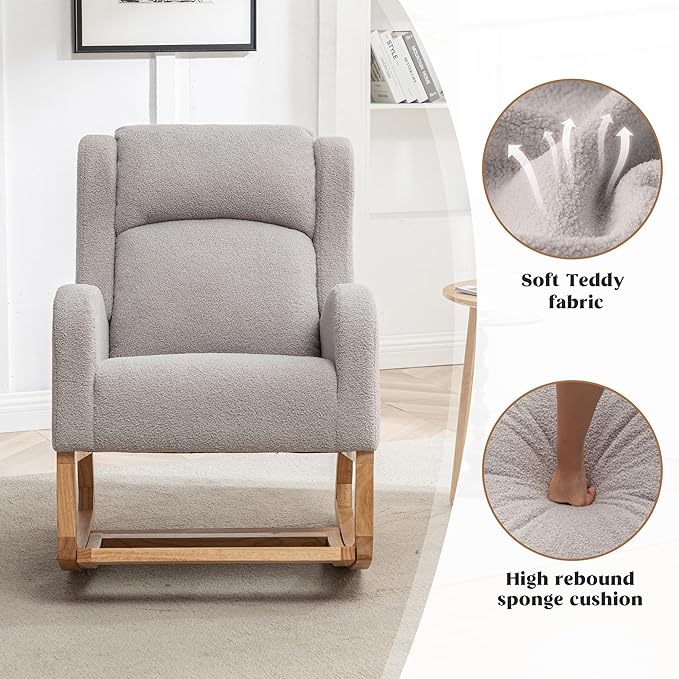 HCHAIRH Rocking Chair Nursery, Nursing Rocking Chairs for Mom Nursery, Comfy Wingback Glider Rocking Armchair with Foot Rest and Side Pocket for Nursery Living Room Bedroom, Teddy Grey