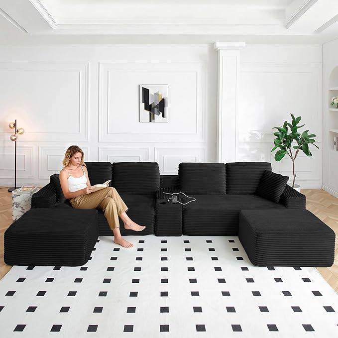 125” Oversized Modular Sectional Sofa, Deep Seat Corduroy Cloud Couch with Cup Holders, USB Ports & Storage Box, Sleeper Sofa Couch Boneless Couches for Living Room, No Assembly Required (Black)
