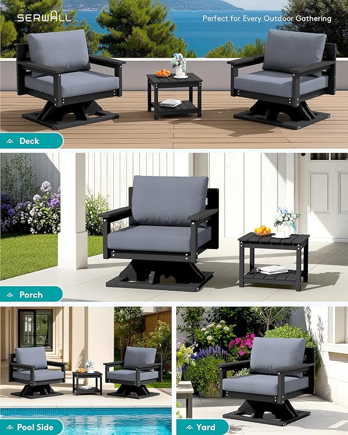 SERWALL Outdoor Swivel Chairs Set of 2, HDPE All-Weather Patio Swivel Sofas with Thick Cushions for Porch, Balcony, Black Frame with Gray Cushions