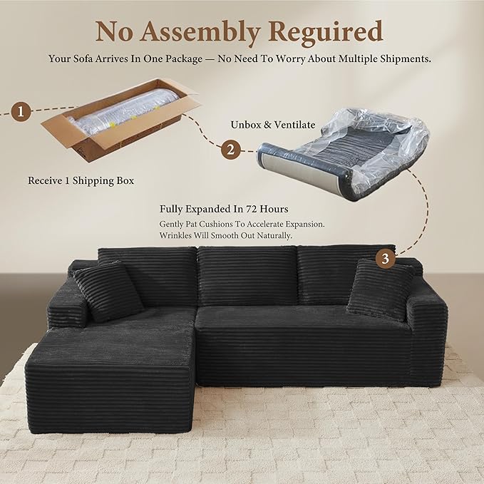 105" Sectional Couches for Living Room Cloud Couch Sofa with L-Shape Upholstered Boneless Couchs Modern Modular Sectional Couch with Chaise (Black, 105" W+Left Facing Chaise+2Seaters)
