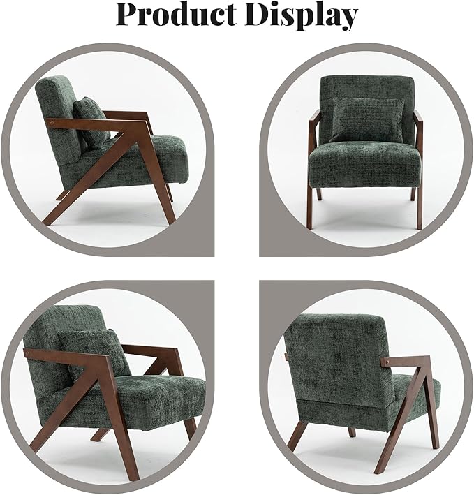 Mid Century Modern Accent Chair with Solid Wood Frame，Upholstered Chenille Living Room Arm Chairs with Pillow for Bedroom, Living Room, Reading Room, Balcony (1, Dark Green)