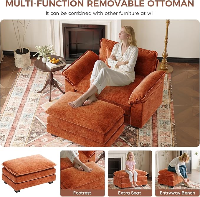 HUSFU Oversized Accent Chair with Ottoman, Chenille Cloud Couch Chair with Deep Seat and Extra Wide Armrests, Comfy Reading Armchair for Bedroom, Living Room, Terracotta Orange