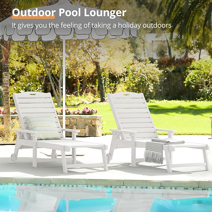 LUE BONA Chaise Lounge Chair with Table, 6-Piece, HDPS Chaise Lounger, 5 Positions Adjustable Lounge Chairs, Pool Lounge Chair with Wheels for Poolside, Backyard, White