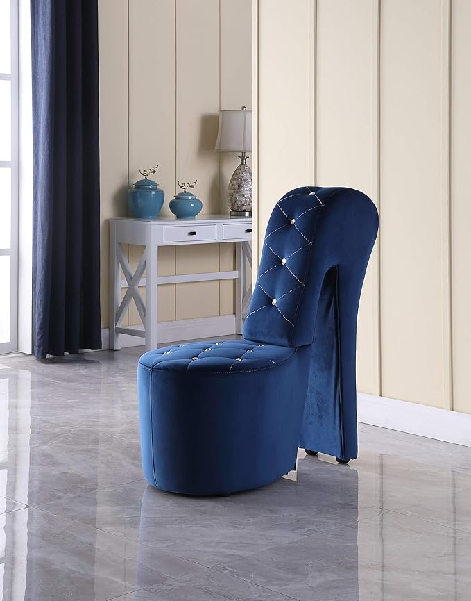 First of a Kind 19" Modern Shoe Chair - Crystal Studded Velvet High Heel Chair with Medium Firm Comfort - Luxurious Decor Addition for Bedroom, Living Room & Studio, (Blue)