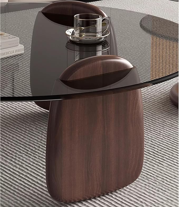 EASYSOUL Modern Round Coffee Table with Glass Top, 35.43" L x 35.43" W x 14.69" H, Circular Tea Tables for Living Room Home Office Industrial Cocktail Tables (Walunt-Grey Glass/35.43")