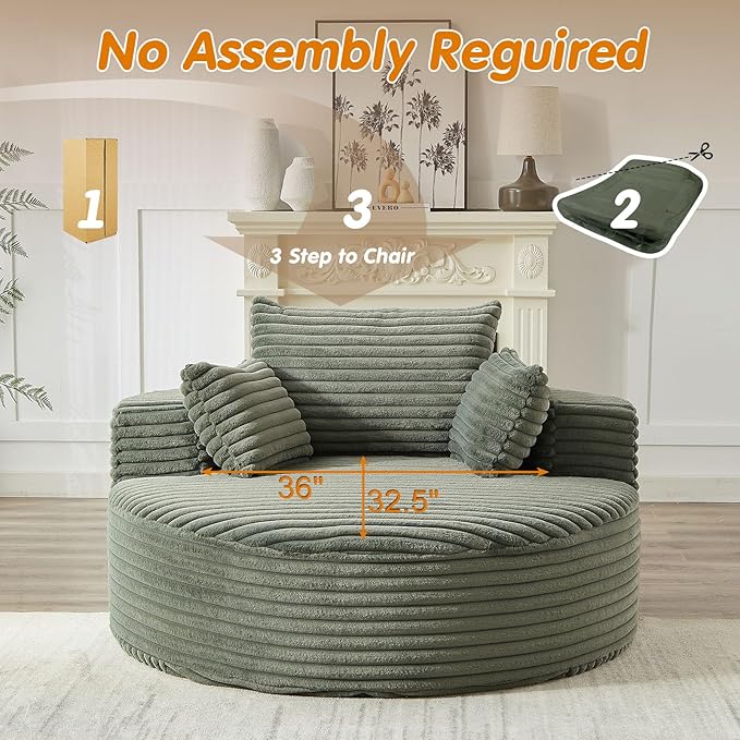 55"W Oversized Round Chair Lounge Chaise Indoor, Upholstered Comfy Circle Sofa Armchair, Modern Cozy Boneless Foam Floor Reading Chair for Living Room, Bedroom, No Assembly Required(Corduroy, Green)