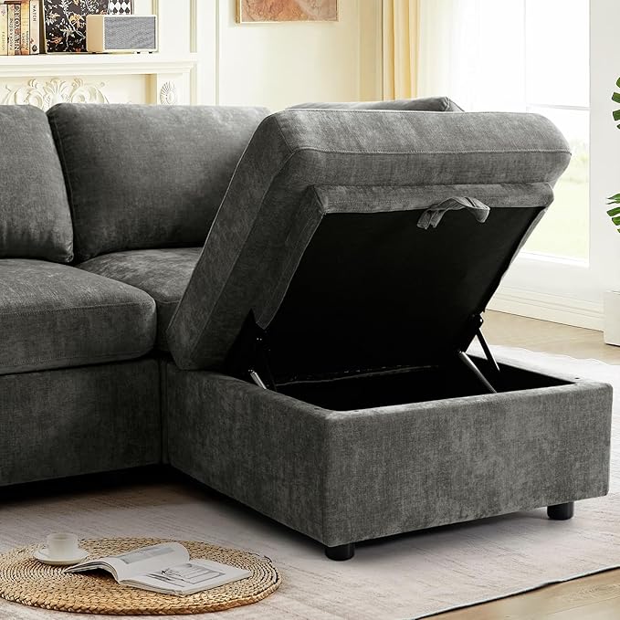 EDILLY 122 inches Oversized Modular Sectional Fabric Cloud Sofa, Extra Large L Shaped Couch Reversible Chaise Couch,4 Seat Modular Sofa with Storage Ottoman, Linen Grey