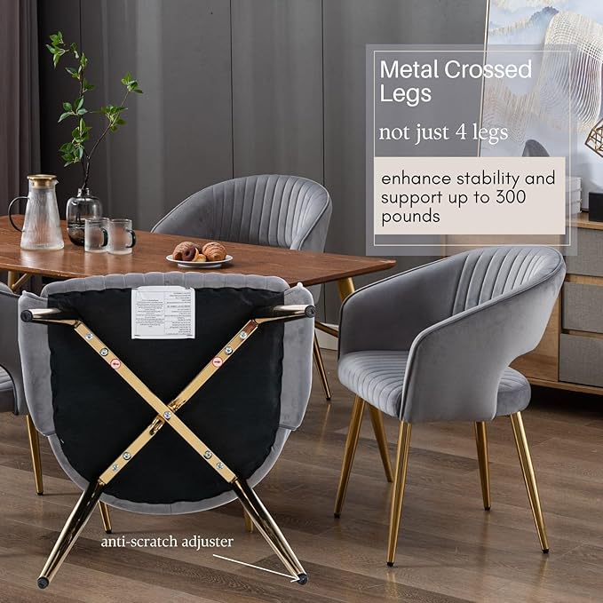COMULER Grey Velvet Dining Chairs Gold Legs, Modern Dining Room Chairs with Arms Set of 6 Upholstered Accent Chair Armchair with Barrel Back for Kitchen Living Room