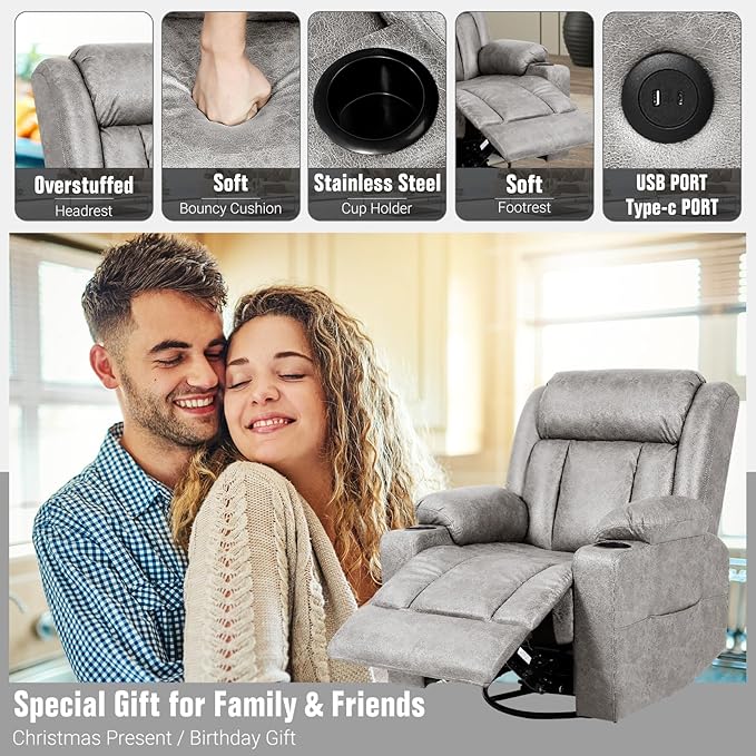 LAFWELL Retro Rocking Recliner Chair, Massage Rocker Recliner Chair with Vibration Massage and Heat, USB and Type-C Ports,360° Swivel Chairs, Living Room, Bedroom, Nursery, RV, Light Grey