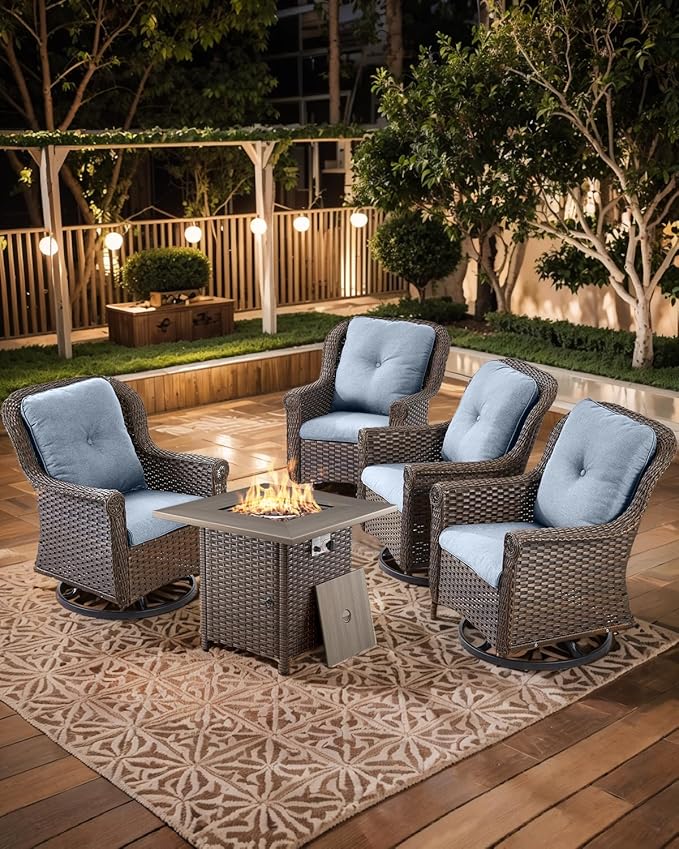 ACTREST Outdoor Patio Swivel Gliders with Fire Pit Table 5 Piece Set - High Back Brown Wicker Rattan Rocking Chair with Thick Cushion for Porch Apartment Deck Yard Poolside Garden - Baby Blue