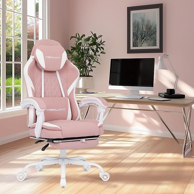 Misolant Gaming Chair, Fabric Gamer Chair with footrest for Adults, High Back Ergonomic Computer Game Chair with Adjustable Headrest and Massage Lumbar Support, 90-155° Recline Free, Pink