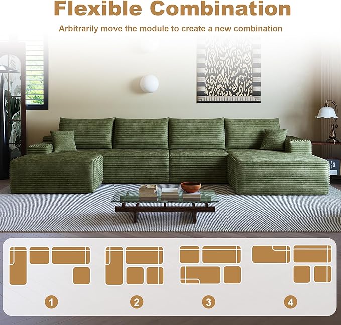 AUGOP 136" Sectional Couches for Living Room Modern Modular Sofa with L-Shape Couchs Upholstered Boneless Couch Deep Seat Sectional Couch with Chaise (Green, Right Facing Chaise+3Seaters+Ottoman)