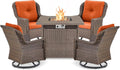 ACTREST Outdoor Patio Swivel Gliders with Fire Pit Table 5 Piece Set - High Back Brown Wicker Rattan Rocking Chair with Thick Cushion for Porch Apartment Deck Yard Poolside Garden - Orange