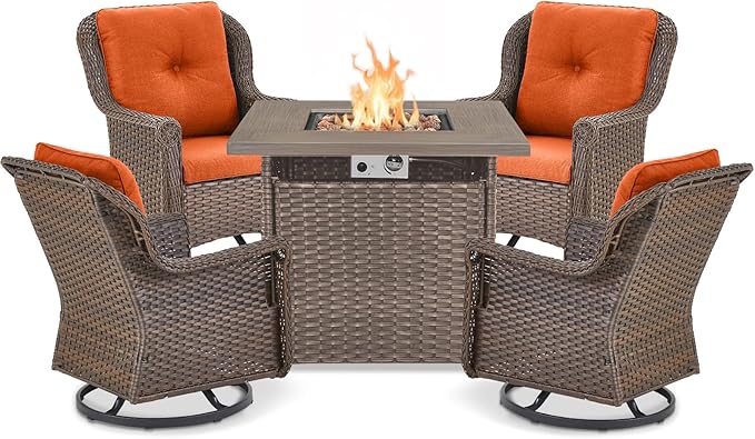 ACTREST Outdoor Patio Swivel Gliders with Fire Pit Table 5 Piece Set - High Back Brown Wicker Rattan Rocking Chair with Thick Cushion for Porch Apartment Deck Yard Poolside Garden - Orange