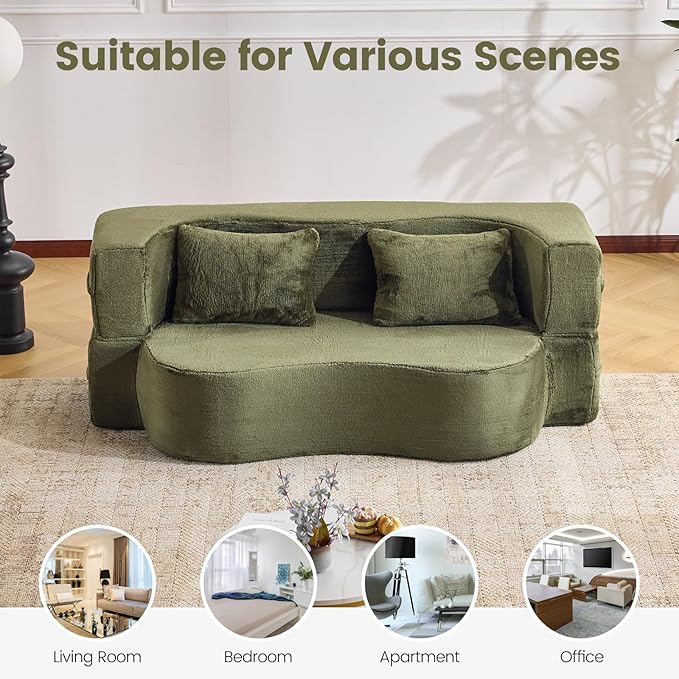 Orynveela Convertible Folding Sofa Bed, 71” Single Size Floor Sleeper Couch, Chenille Full Foam Futon Loveseat for Living Room Bedroom, No Assembly Required (Green)