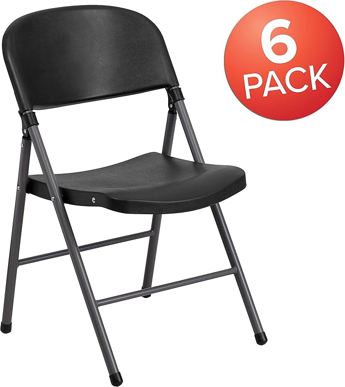 Flash Furniture 6 Pack HERCULES Series 330 lb. Capacity Black Plastic Folding Chair with Charcoal Frame
