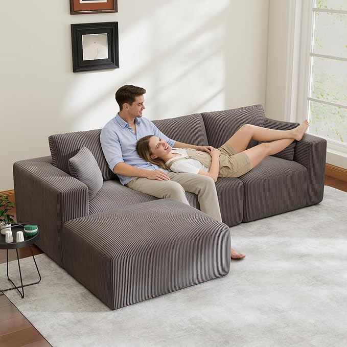 110" Modular Sectional Sofa, L-Shaped Boneless Couch, Memory Foam Cloud 3-Seater Sofa with Ottoman, No Assembly Required Corduroy Frameless Furniture for Living Room Home Decor, Grey