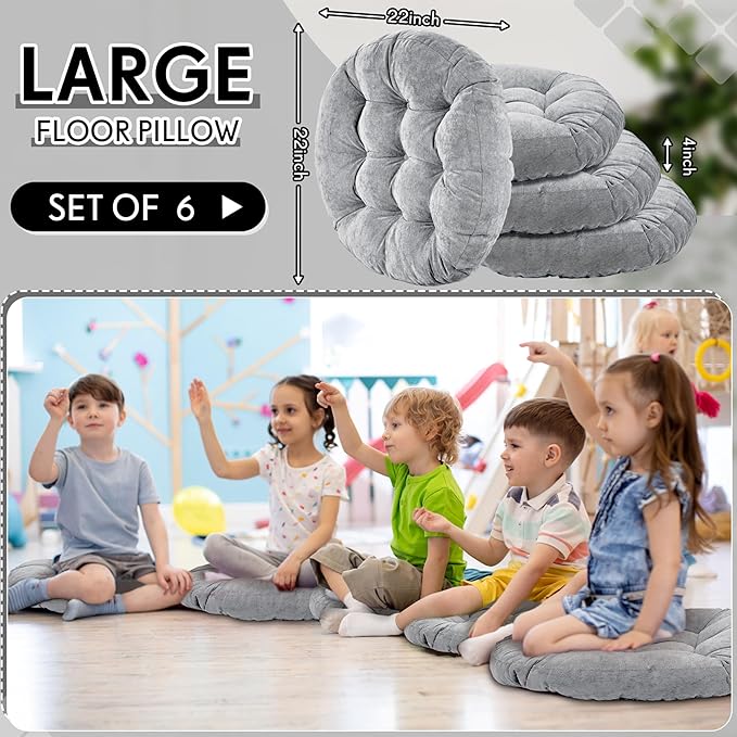 Jerify Floor Pillow Cushions 22 x 22 Inch Round Square Large Meditation Floor Pillow for Classroom Adult Meditation Picnic Party Cushion for Seating Gift Christmas(Round,Light Gray,6 Pcs)