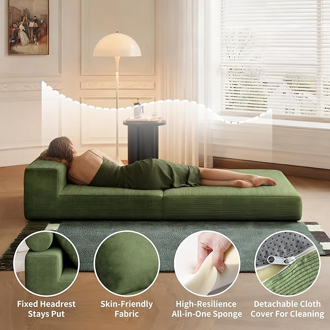 Folding Sofa Bed – Convertible Sleeper Chair Bed with Pillows/Single Floor Couch/Small Futon Couch Filled with High-Density Foam for Lounge, Guest Room or Office (Green)